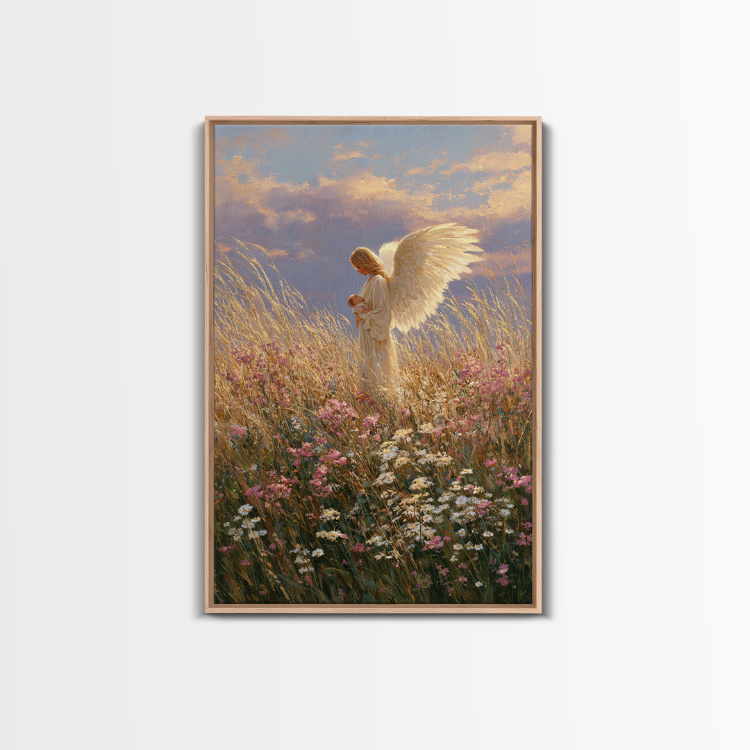 Golden Winged Angel With Infant At Sunset Wall Art, Christian Bedroom Decor, Floral Canvas Print, Spiritual Gift For Her