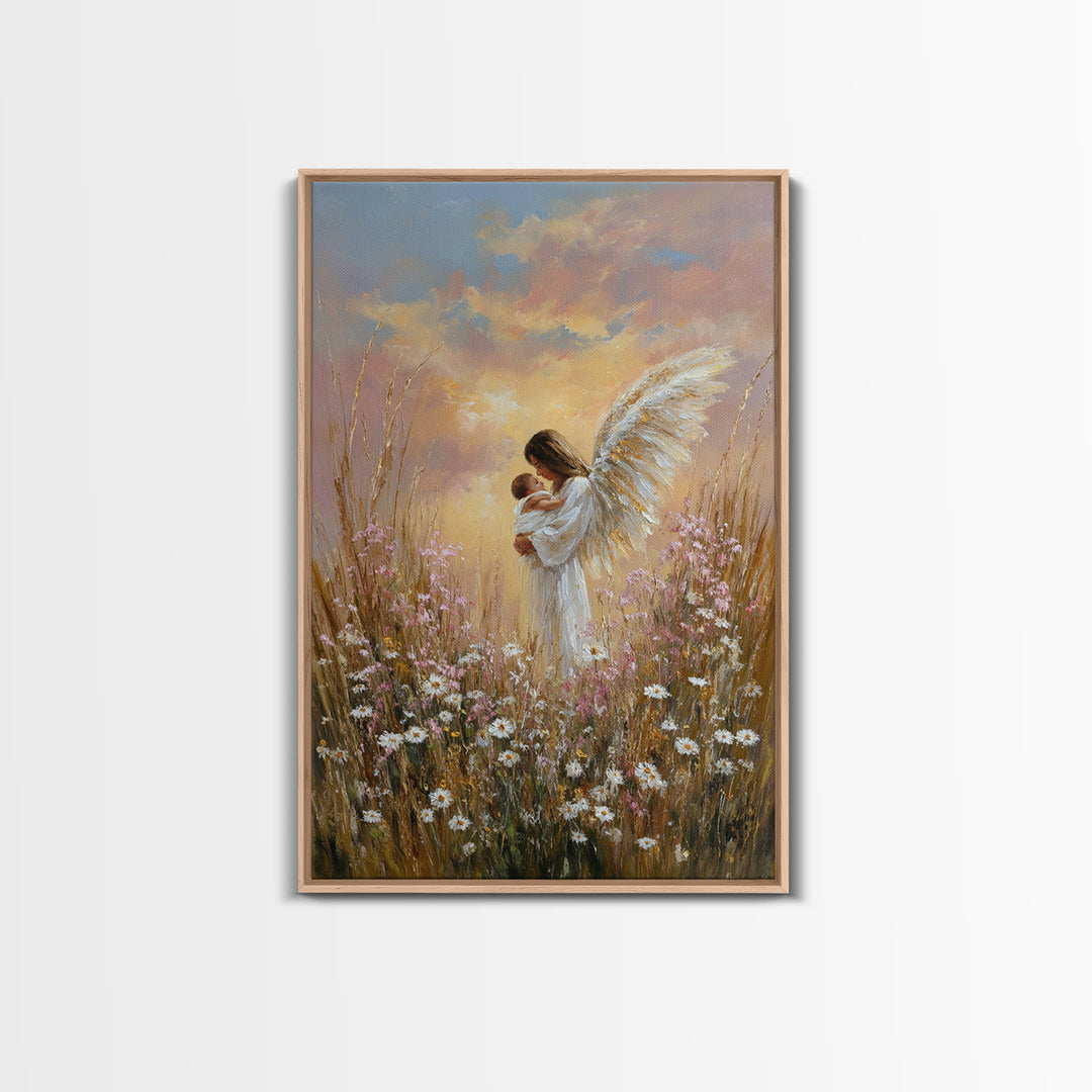 Angel Mother And Baby In Sunset Wildflowers Framed Canvas Print, Christian Wall Art, Nursery Decor, Motherhood Gift, Home Decor
