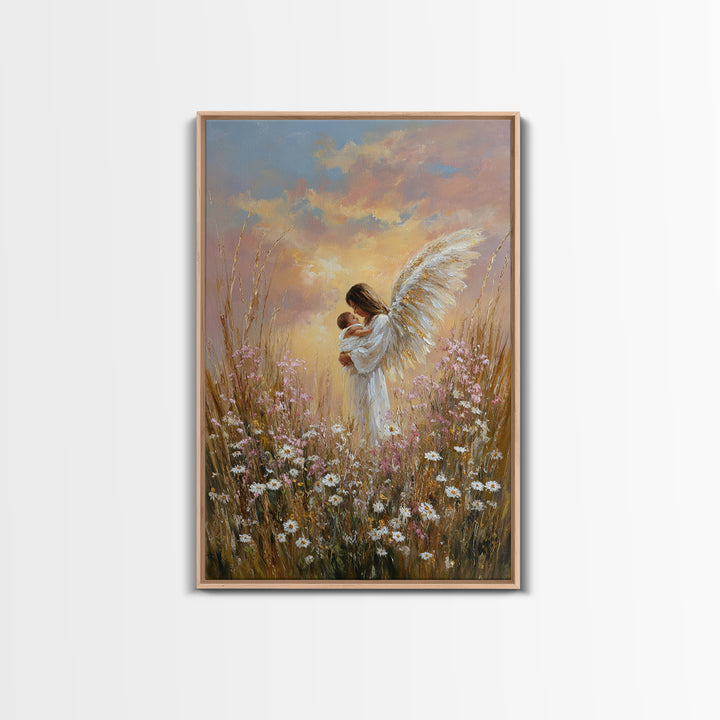 Angel Mother And Baby In Sunset Wildflowers Framed Canvas Print, Christian Wall Art, Nursery Decor, Motherhood Gift, Home Decor