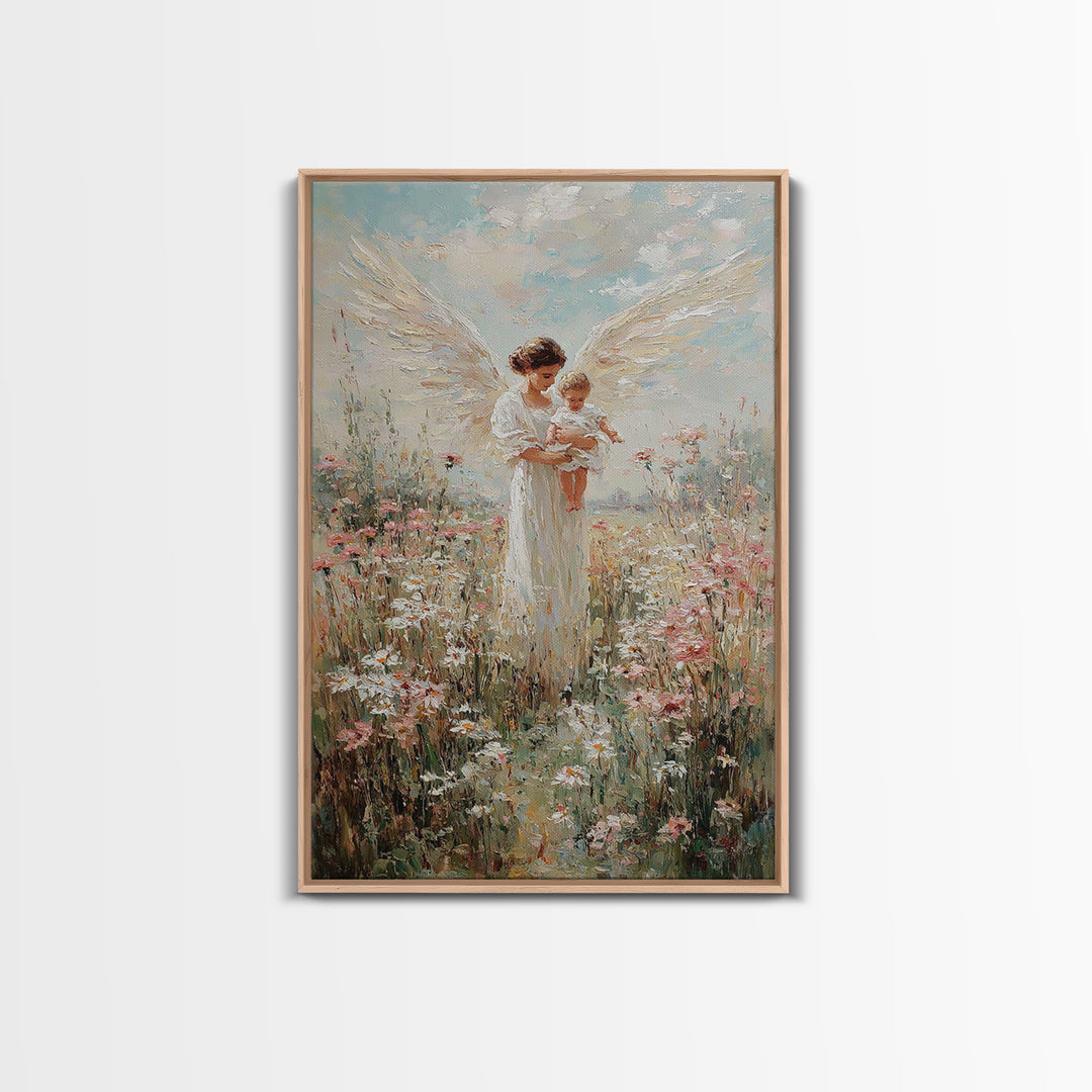White Winged Angel Holding Baby In Flower Garden Canvas Print, Christian Nursery Wall Art, Floral Home Decor, Gift For Mom