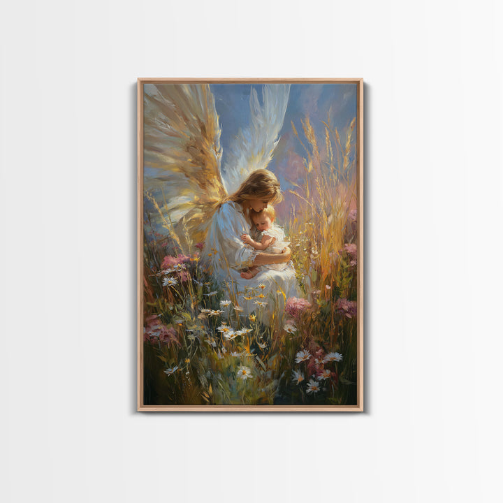 Glowing Angel Mother Nursing Baby In Wild Meadow Wall Art, Christian Canvas Print, Spiritual Nursery Decor, Gift For Her