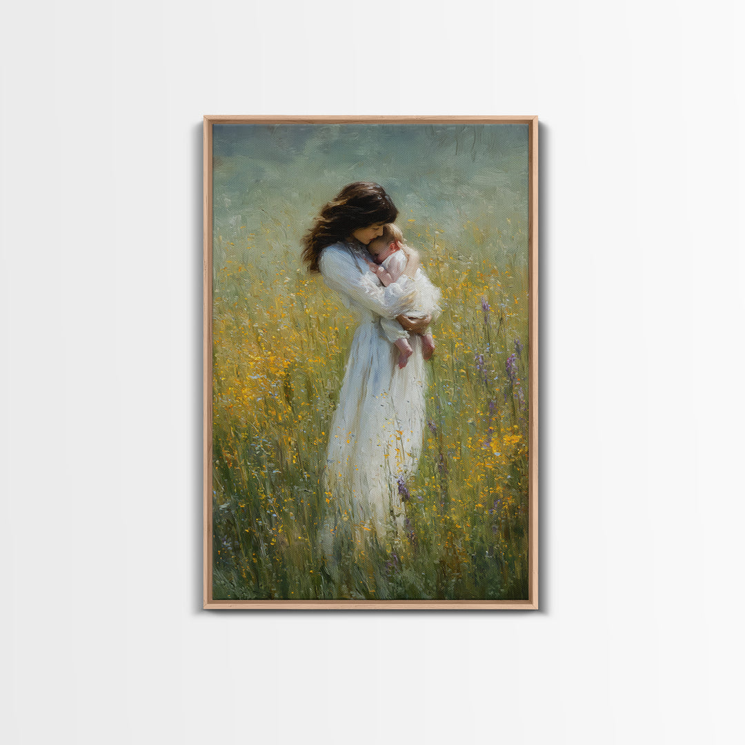 Tender Mother Cradling Newborn In Yellow Meadow Canvas Print, Motherhood Wall Art, Feminine Nursery Wall Decor, Gift For Mom