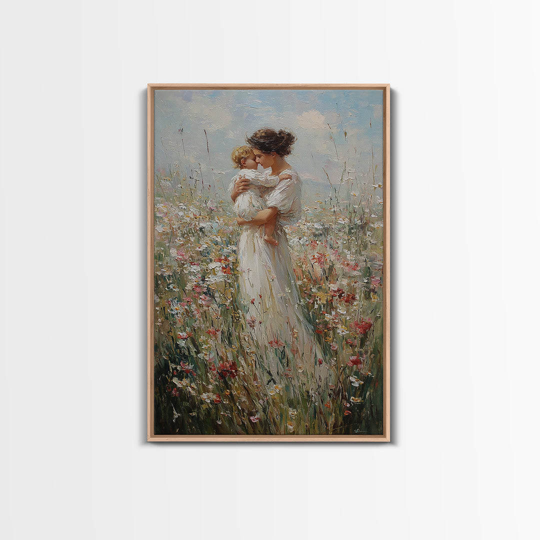 Mother Kissing Child In Wildflower Field Framed Canvas Print, Motherhood Wall Art, Floral Nursery Decor, Gift For Her, Home Decor
