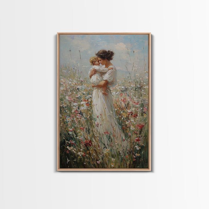 Mother Kissing Child In Wildflower Field Framed Canvas Print, Motherhood Wall Art, Floral Nursery Decor, Gift For Her, Home Decor