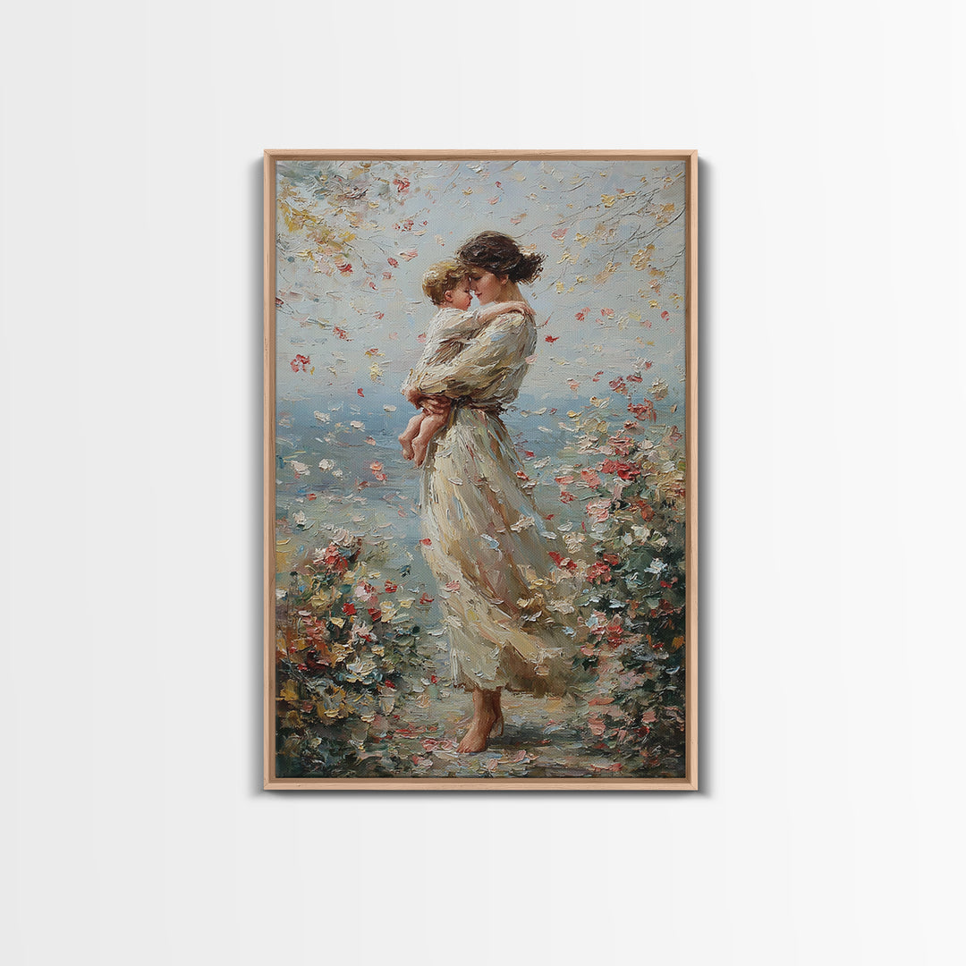 Mother Holding Child By Floral Shore Framed Canvas Print, Impressionist Wall Decor, Living Room Art, Gift For Mom, Housewarming Gift