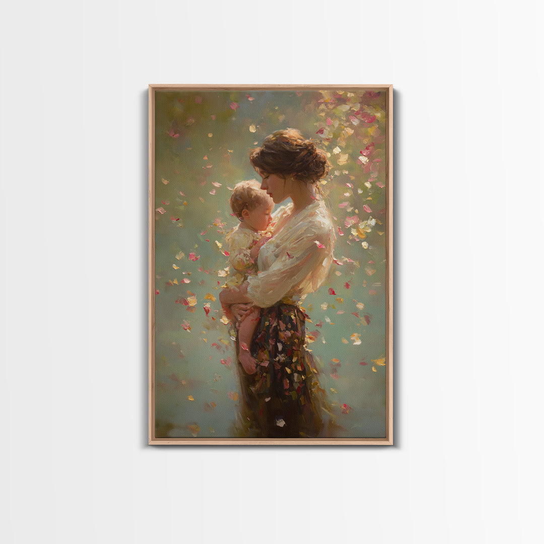 Warm Sunlit Mother And Baby Framed Canvas Print, Floral Impressionist Painting, Soft Feminine Wall Decor, Gift For Mom, Nursery Art