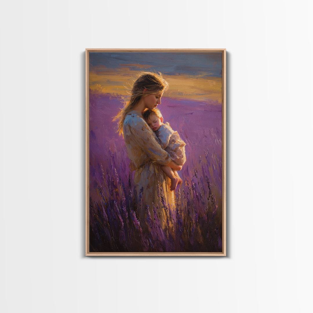 Mother And Sleeping Baby In Lavender Field Wall Art, Sunset Impressionist Oil Painting, Romantic Bedroom Decor, Gift For Mom