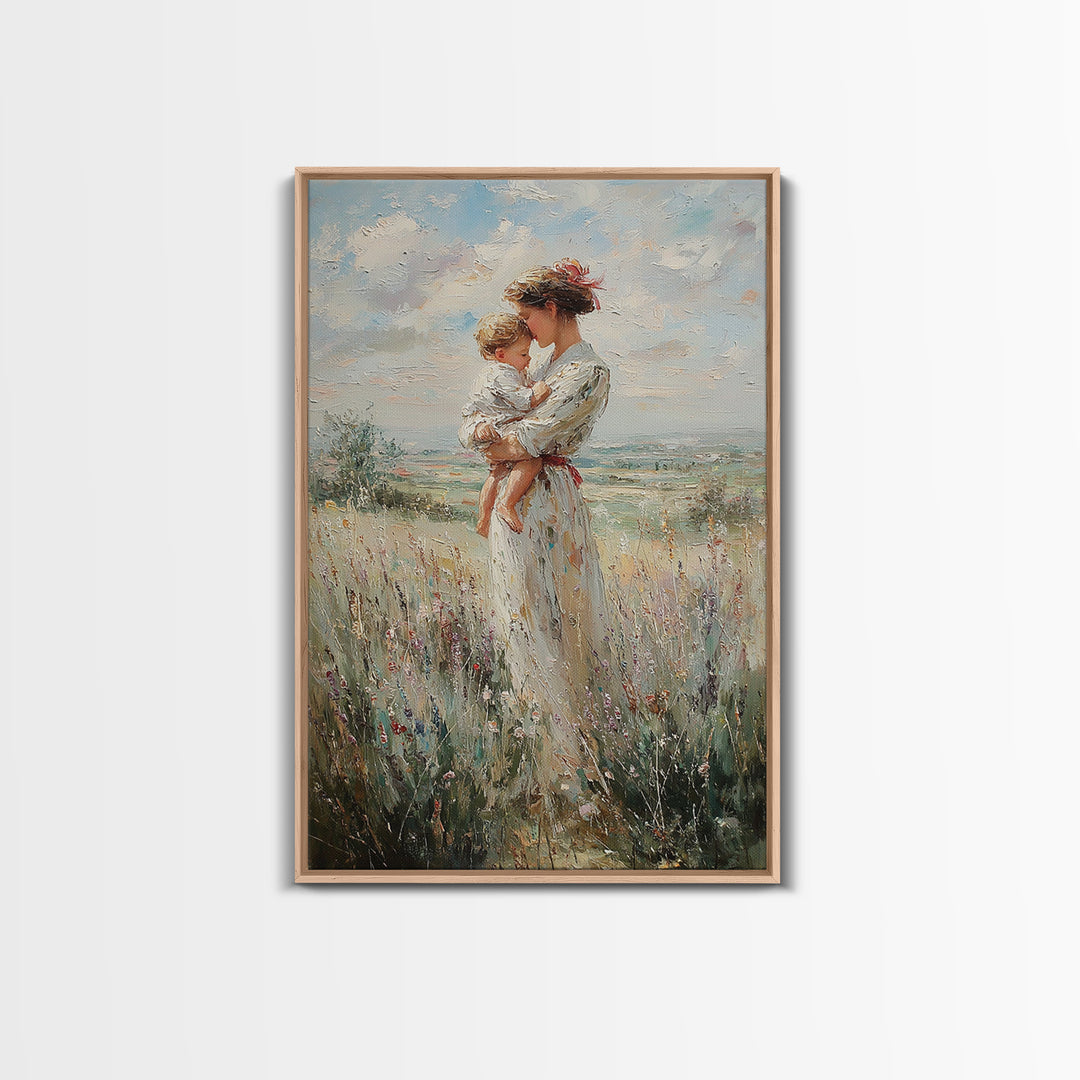 Mother Holding Child In Windy Wildflower Meadow Framed Canvas Print, Impressionist Landscape Wall Decor, Gift For Mom, Home Decor
