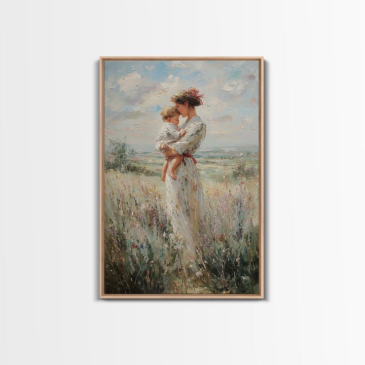Mother Holding Child In Windy Wildflower Meadow Framed Canvas Print, Impressionist Landscape Wall Decor, Gift For Mom, Home Decor
