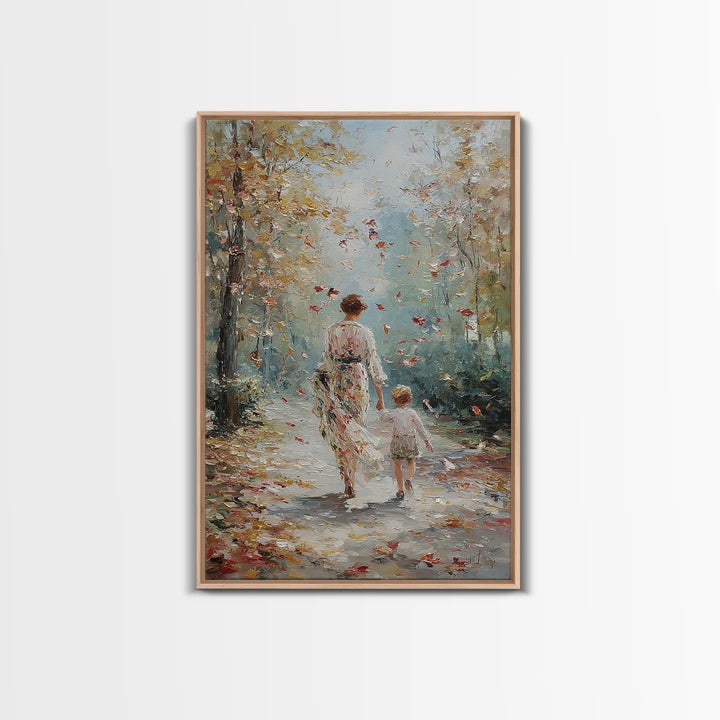 Mother And Child Autumn Walk Wall Art, Impressionist Forest Path Canvas, Cozy Family Decor, Gift For Mom, Living Room Art