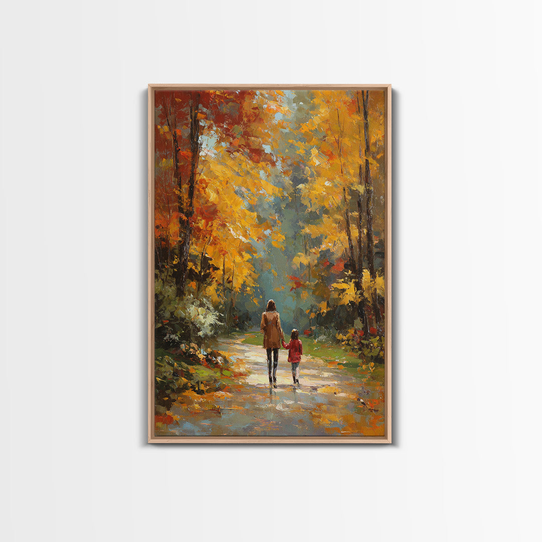 Golden Autumn Forest Walk Canvas Print, Mother Child Path Painting, Vibrant Landscape Wall Decor, Cozy Home Decor, Gift For Her