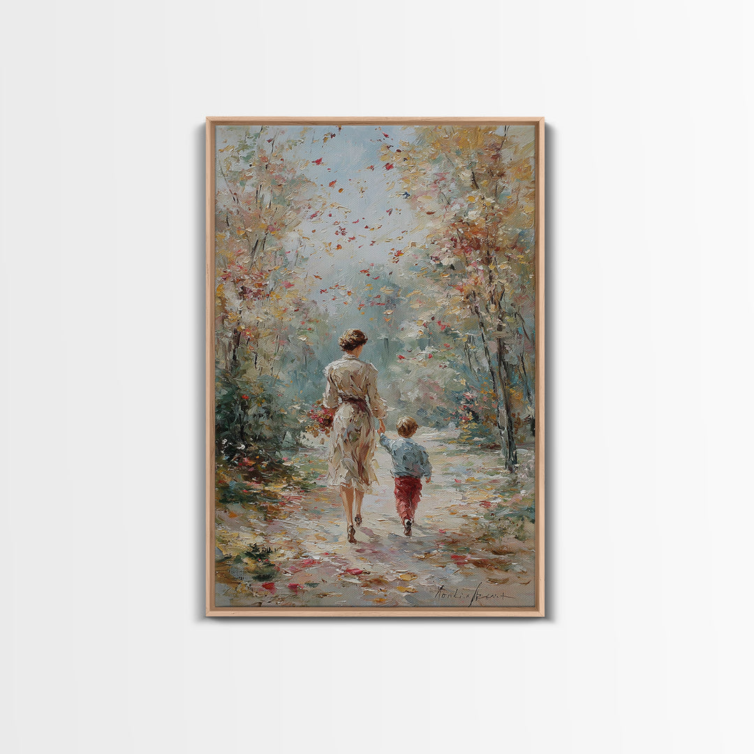 Mother And Son Fall Forest Walk Wall Art, Soft Impressionist Path Painting, Family Home Decor, Living Room Art, Mothers Day Gift