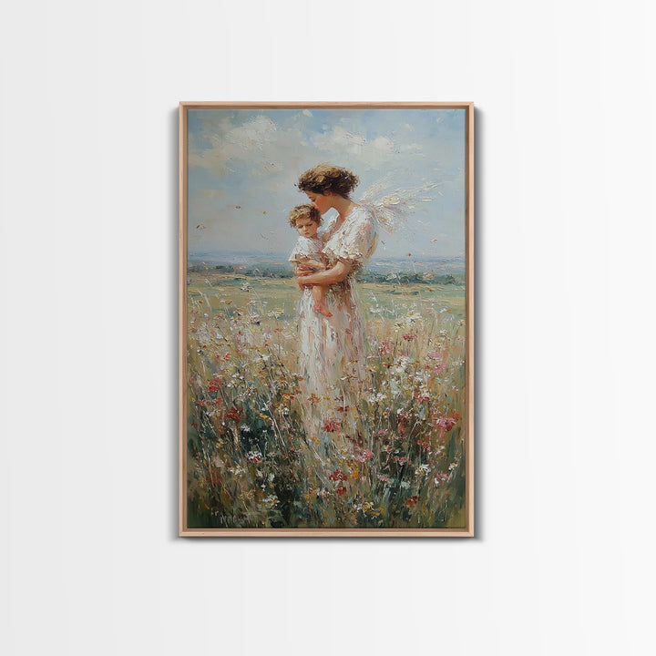 Guardian Angel Holding Child Wall Art, Wildflower Meadow Oil Painting, Christian Nursery Decor, Spiritual Gift For Mom, Fine Art