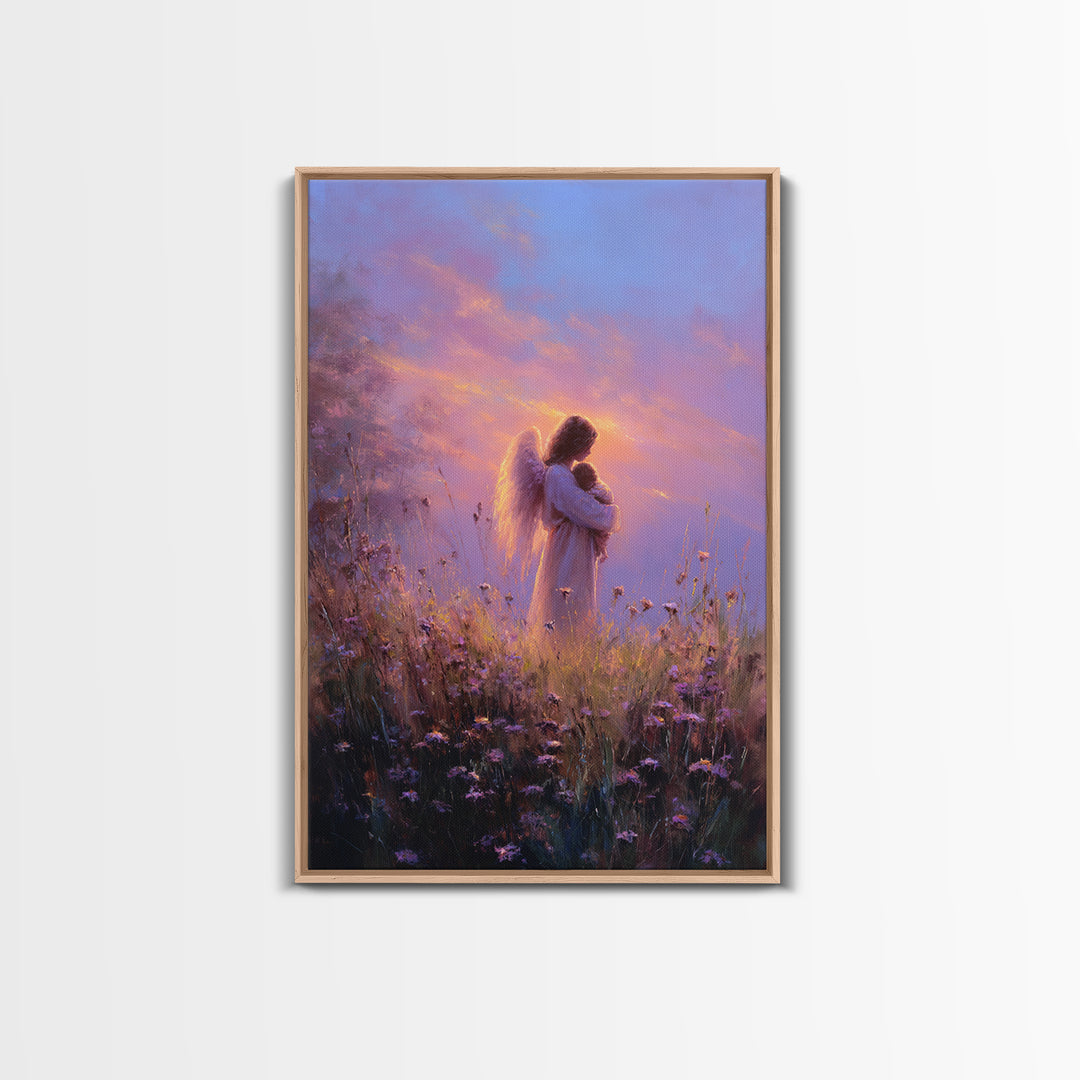 Angel Mother Cradling Baby Framed Canvas Print, Lavender Sunset Meadow Painting, Spiritual Wall Art, Nursery Decor, New Mom Gift