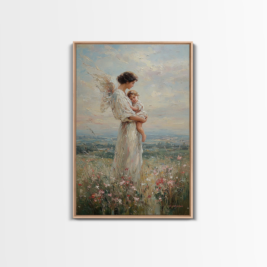 Guardian Angel Mother Holding Baby In Wildflower Meadow Wall Art, Christian Nursery Decor, Motherhood Gift, Fine Art Print