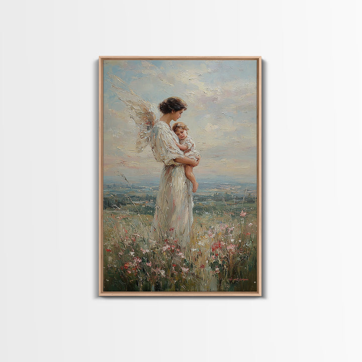 Guardian Angel Mother Holding Baby In Wildflower Meadow Wall Art, Christian Nursery Decor, Motherhood Gift, Fine Art Print