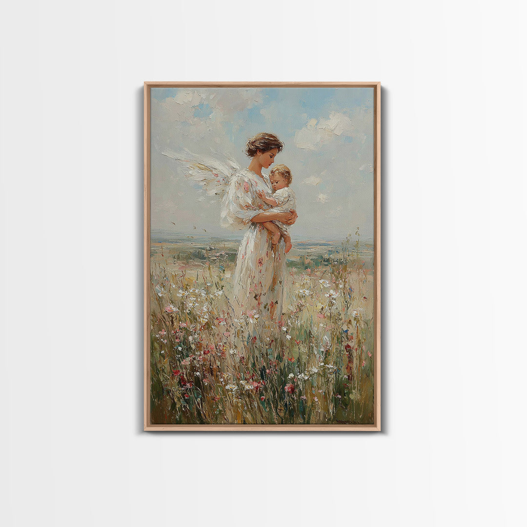 Serene Angel Mother Cradling Baby In Flower Field Framed Canvas Print, Christian Wall Art, Nursery Decor, Gift For Her And Mom
