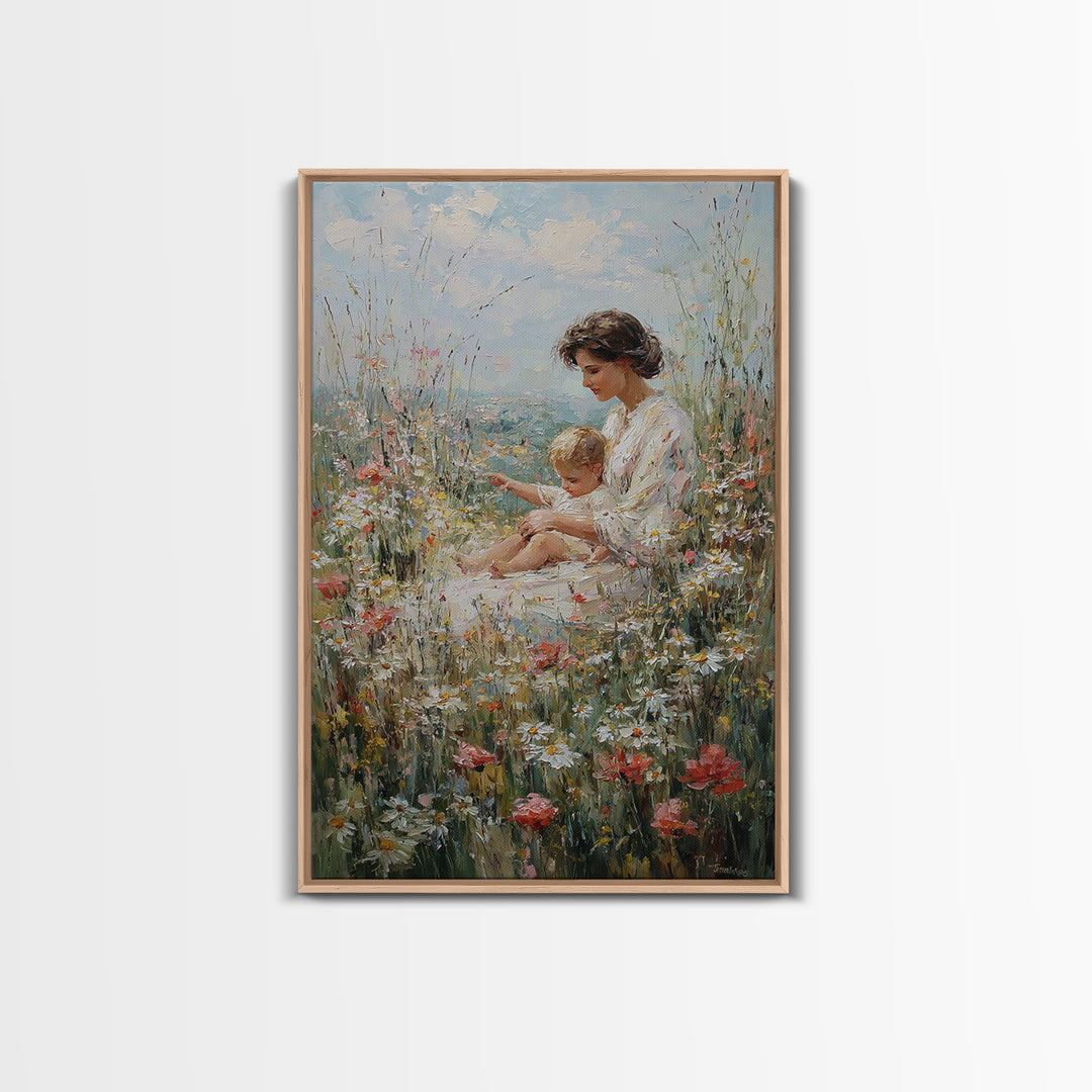 Mother And Child Resting In Daisy And Poppy Meadow Wall Art, Impressionist Floral Decor, Nursery Art Print, Gift For Mom