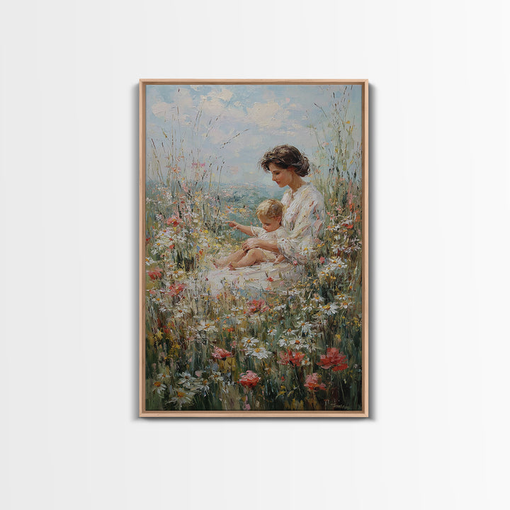 Mother And Child Resting In Daisy And Poppy Meadow Wall Art, Impressionist Floral Decor, Nursery Art Print, Gift For Mom