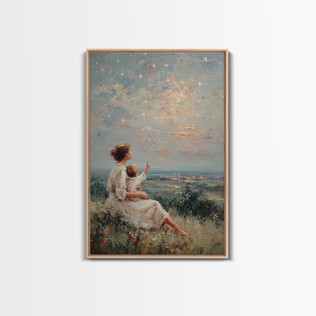 Mother And Child Under Sparkling Sky Wall Art, Impressionist Meadow Landscape Print, Nursery Decor, Gift For Mom, Living Room Decor