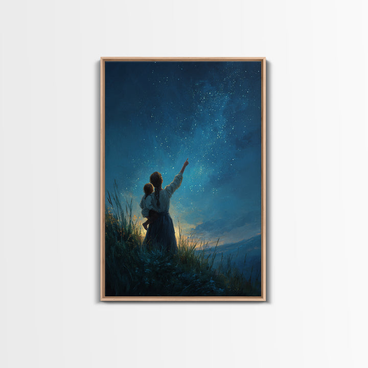 Mother And Child Stargazing At Milky Way Framed Canvas Print, Celestial Wall Art, Night Sky Decor, Nursery Gift, Mystical Home Decor