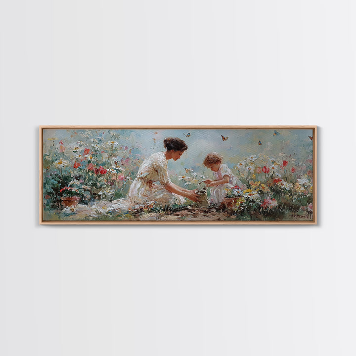Mother And Child Garden Wall Art, Impressionist Wildflower Meadow Canvas Print, Feminine Nursery Decor Gift For Mom Home Decor