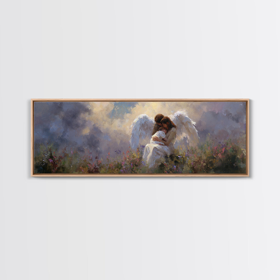 Guardian Angel And Child Wall Art, Ethereal Wildflower Meadow Framed Canvas Print, Christian Nursery Decor Gift For Baby Room