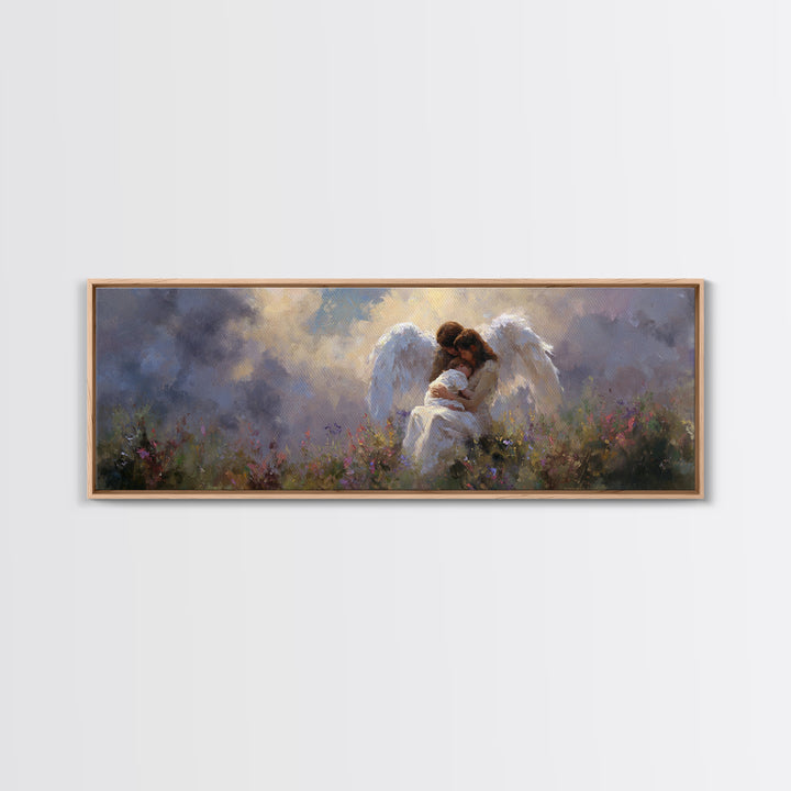 Guardian Angel And Child Wall Art, Ethereal Wildflower Meadow Framed Canvas Print, Christian Nursery Decor Gift For Baby Room