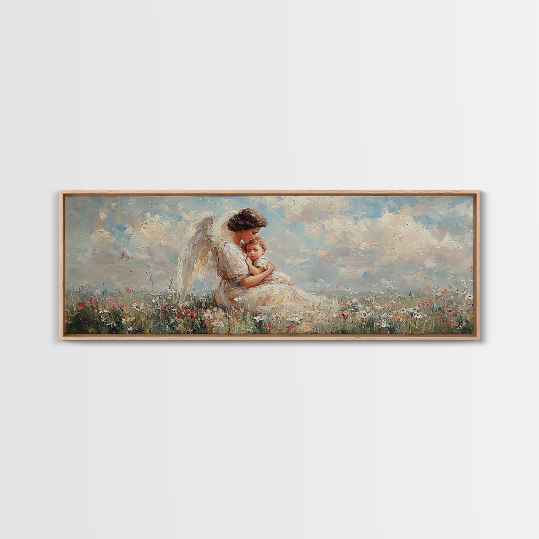 Angel Mother Holding Baby Wall Art, White Wings Wildflower Field Canvas Print, Christian Nursery Decor Gift For Mom Home Decor