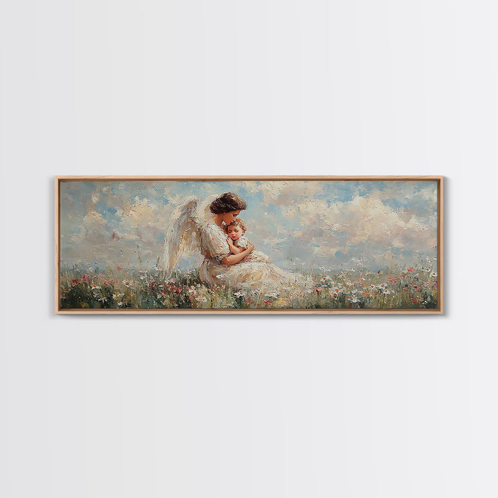 Angel Mother Holding Baby Wall Art, White Wings Wildflower Field Canvas Print, Christian Nursery Decor Gift For Mom Home Decor