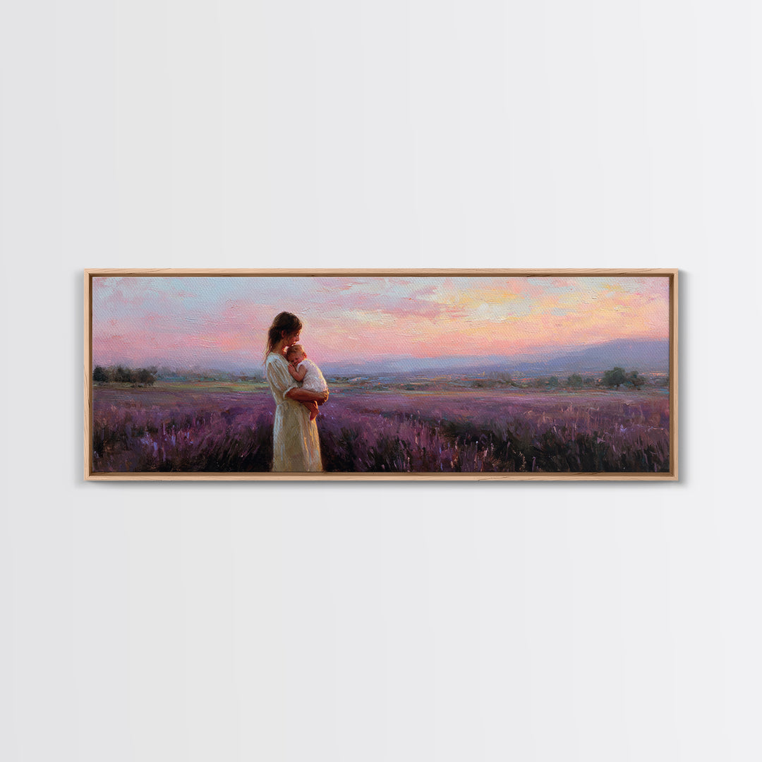 Mother And Baby Lavender Field Wall Art, Sunset Landscape Canvas Print, Purple Romantic Bedroom Decor Gift For Mom Home Decor