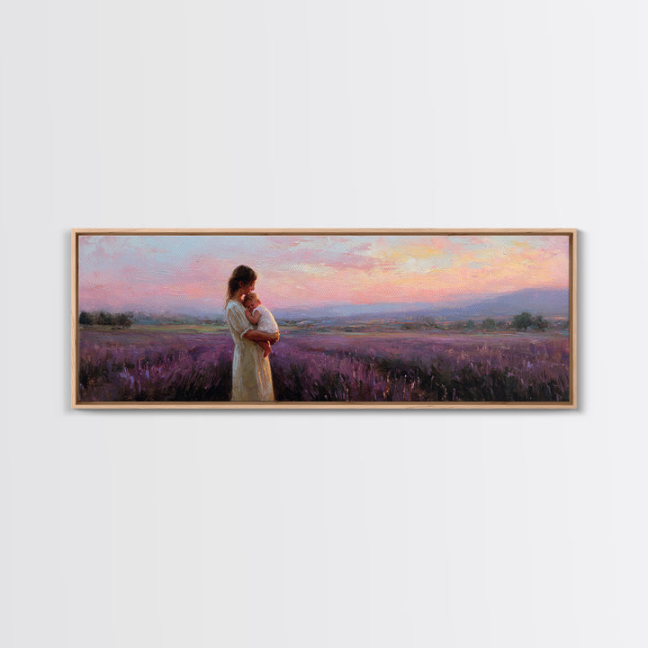 Mother And Baby Lavender Field Wall Art, Sunset Landscape Canvas Print, Purple Romantic Bedroom Decor Gift For Mom Home Decor