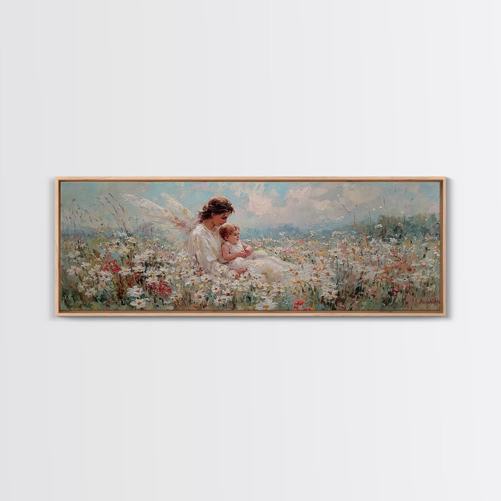 Angel Mother And Baby Daisy Meadow Wall Art, Heavenly Wildflower Canvas Print, Christian Nursery Decor Gift For Mom Home Decor