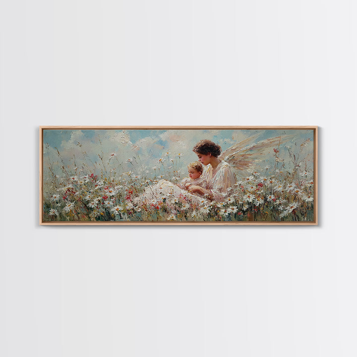 Angel Mother And Child In Wildflower Meadow Wall Art, Christian Nursery Decor, Angel Canvas, Motherhood Gift For Her, Serene Home Decor