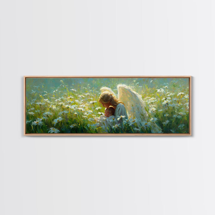 Guardian Angel Holding Baby In Daisy Meadow Framed Canvas Print, Christian Wall Art, Nursery Decor, Motherhood Gift For Her