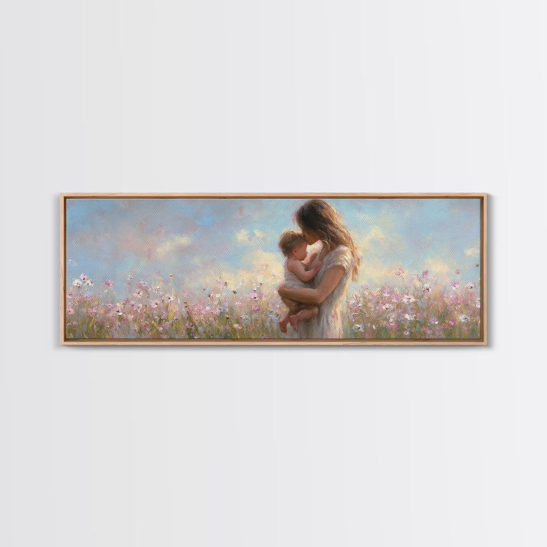 Tender Mother Holding Baby In Pastel Wildflowers Canvas Print, Motherhood Wall Art, Nursery Decor, Gift For Mom, Baby Shower Gift