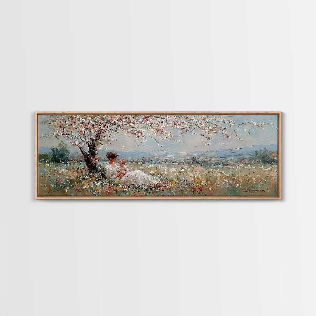Mother And Baby Under White Blossom Tree In Meadow Framed Canvas Print, Floral Wall Art, Valley Landscape, Nursery Decor