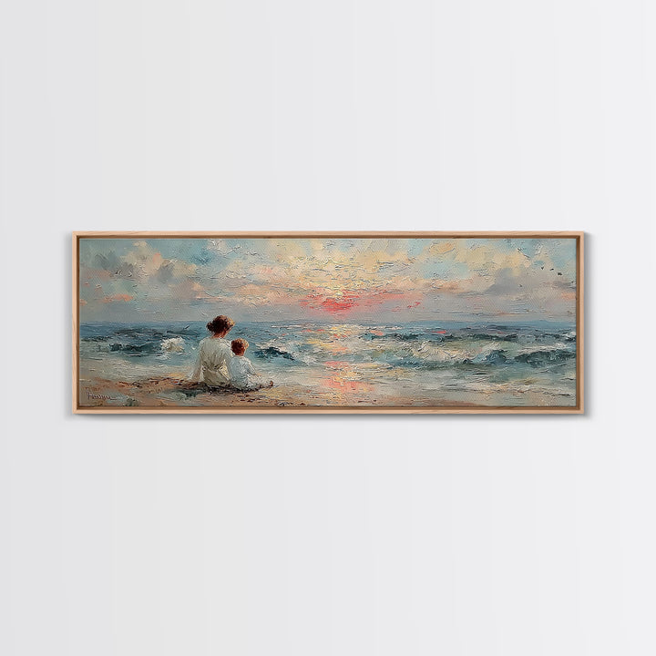 Mother And Child Watching Ocean Sunset Wall Art, Coastal Nursery Decor, Beach House Art, Seascape Painting, Gift For Mom