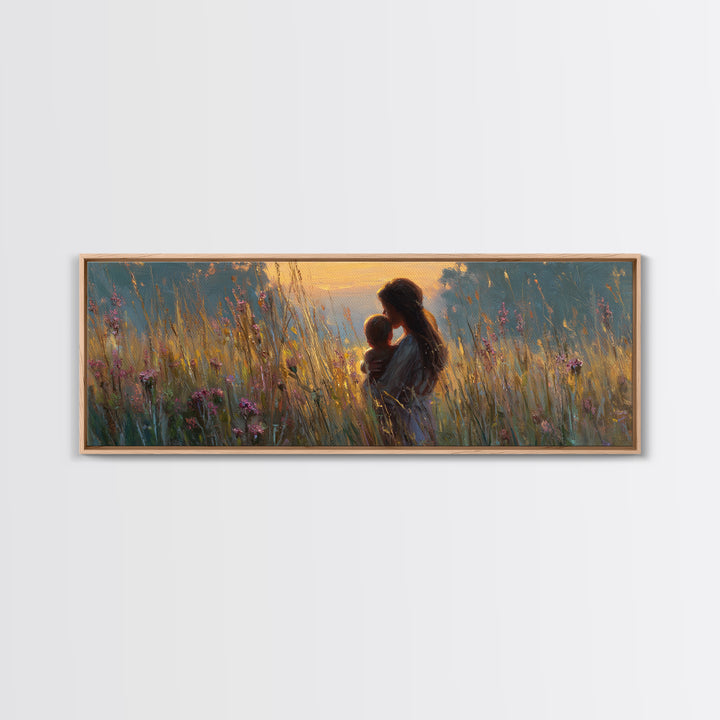 Golden Meadow Mother And Baby Wall Art, Impressionist Wildflower Nursery Decor, Feminine Landscape Canvas Gift For New Mom