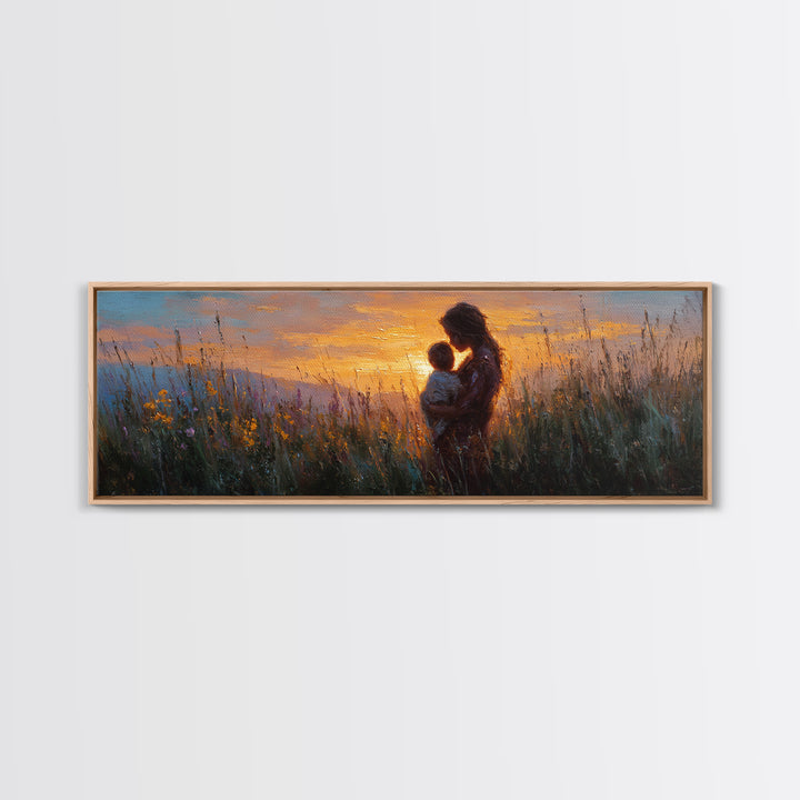 Sunset Meadow Mother And Baby Framed Canvas Print, Impressionist Wildflower Wall Decor, Motherhood Gift For Her, Living Room Art