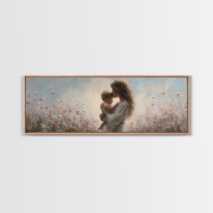 Soft Floral Mother And Baby Wall Art, Dreamy Impressionist Wildflower Meadow, Feminine Nursery Decor Gift For Mom Bedroom Decor