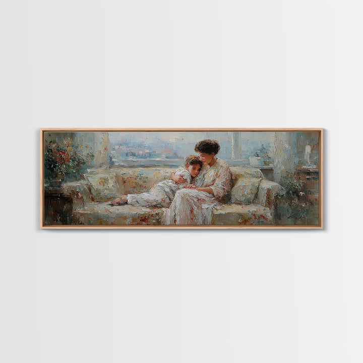 Mother And Child On Floral Sofa Framed Canvas Print, Impressionist Nursery Decor, Feminine Bedroom Wall Art, Gift For Her