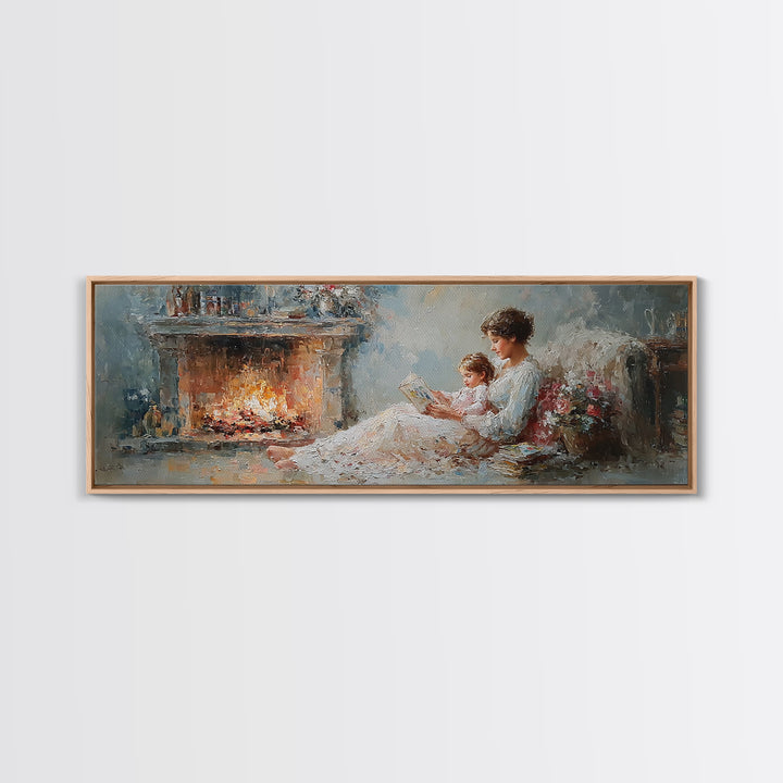 Mother Reading By Fireplace With Child Canvas Print, Cozy Bedroom Wall Art, Impressionist Living Room Decor, Gift For Mom