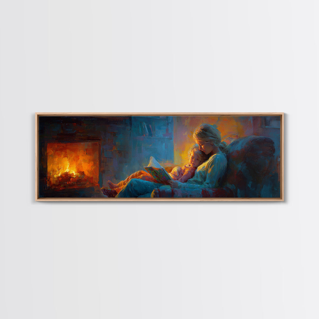 Cozy Mother And Child Reading By Firelight Wall Art, Moody Impressionist Canvas Print, Dark Academia Living Room Decor Gift