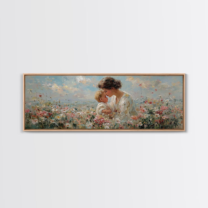 Mother Kissing Baby In Wildflower Meadow Framed Canvas Print, Feminine Floral Wall Art, Soft Nursery Decor, Gift For Her