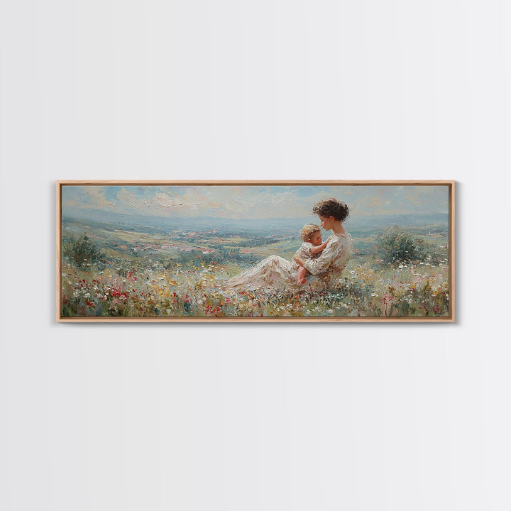 Mother Holding Baby In Sunlit Meadow Canvas Print, Panoramic Landscape Wall Art, Floral Nursery Decor, Housewarming Gift