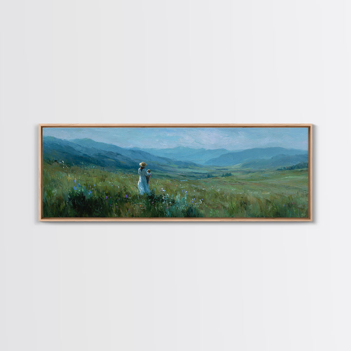 Mother And Child Over Mountain Valley Framed Canvas Print, Panoramic Landscape Wall Art, Blue Green Nature Decor Gift For Her