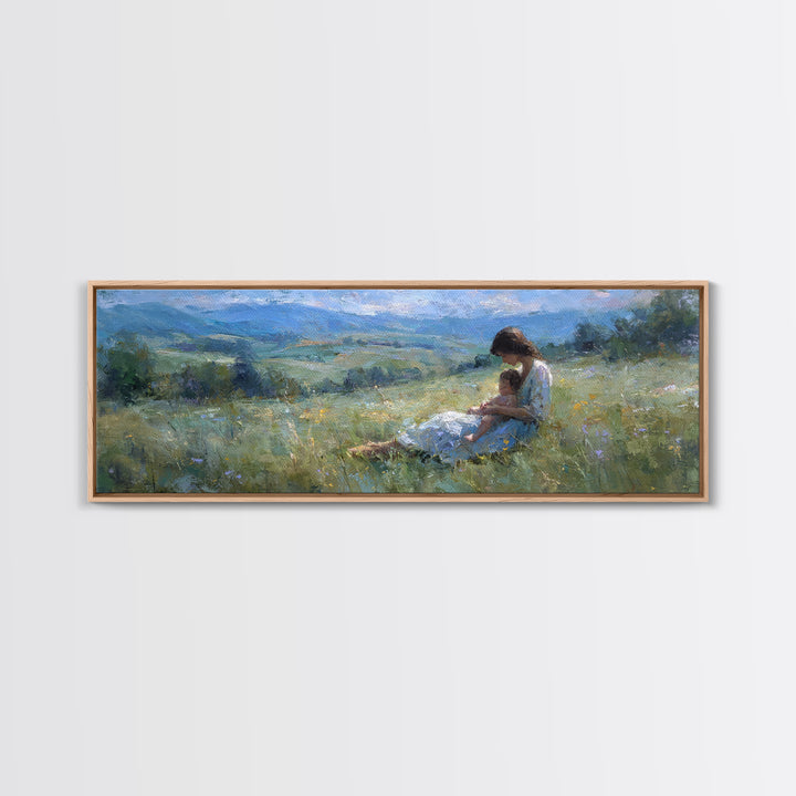 Mother And Child In Blue Mountain Meadow Canvas Print, Impressionist Landscape Wall Art, Peaceful Bedroom Decor, Gift For Her