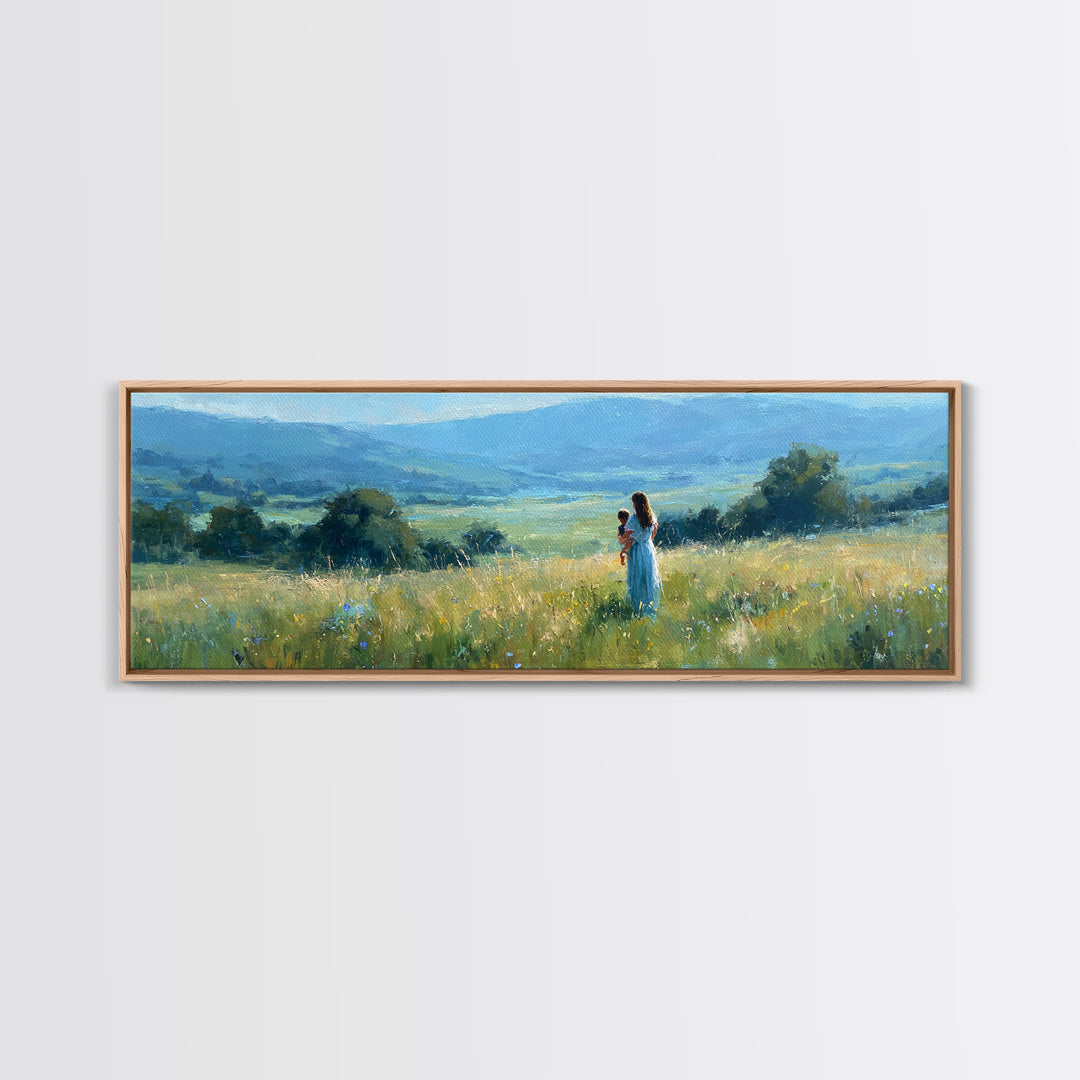 Mother Holding Child In Golden Meadow Wall Art, Panoramic Blue Mountain Canvas Print, Nature Nursery Decor, Housewarming Gift