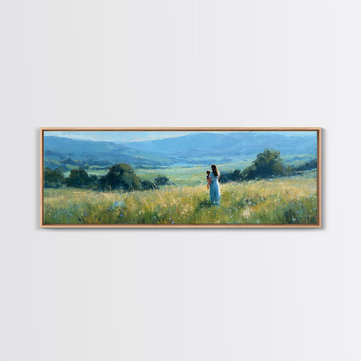 Mother Holding Child In Golden Meadow Wall Art, Panoramic Blue Mountain Canvas Print, Nature Nursery Decor, Housewarming Gift